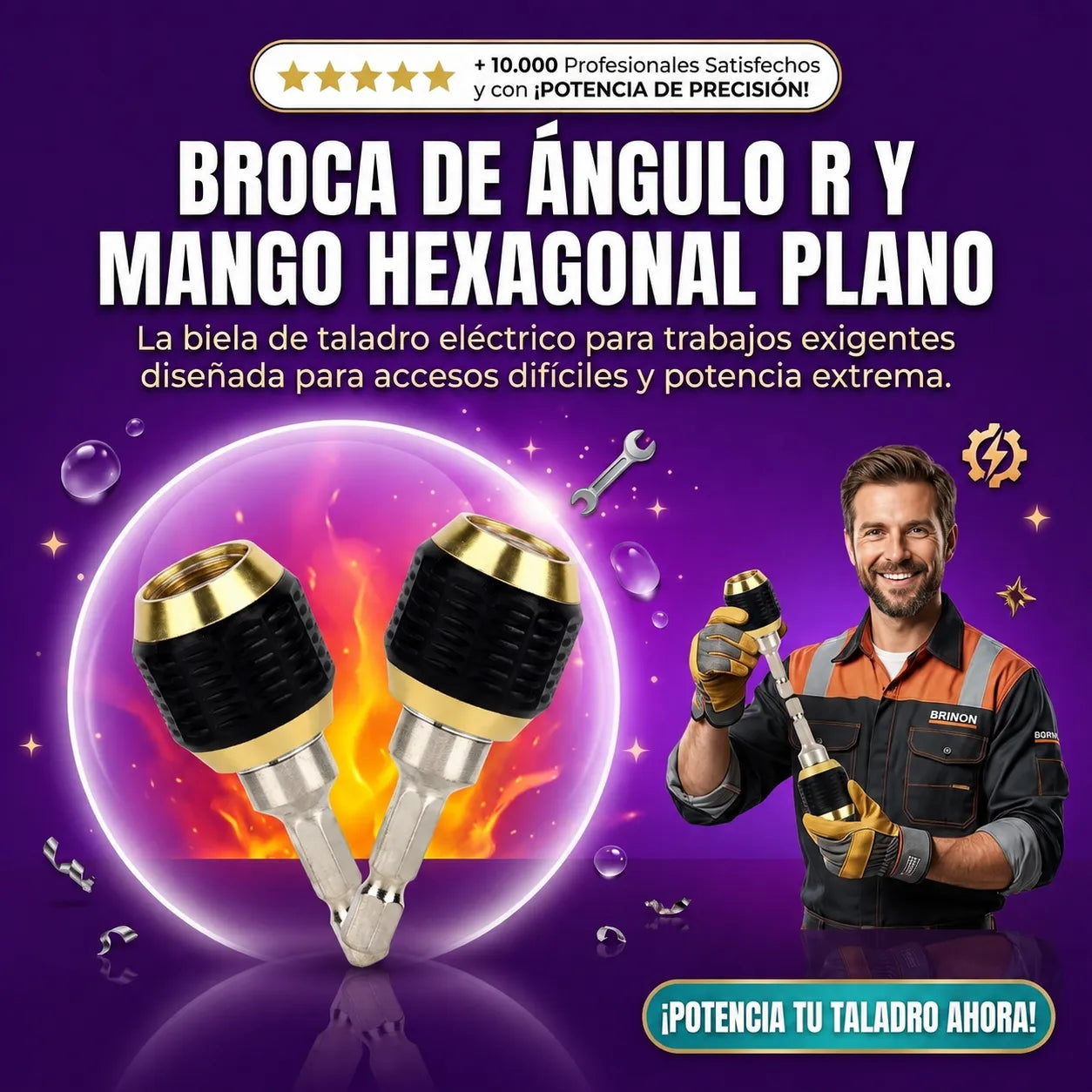 Broca de Ángulo R, Mango Hexagonal Plano, Biela de Taladro Eléctrico 3x1