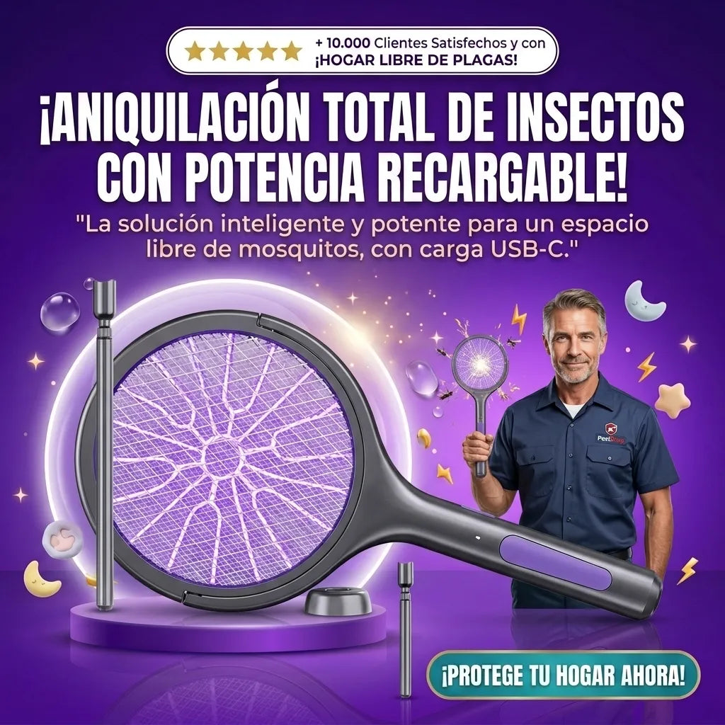 Raqueta Eléctrica Recargable y Extensible para Matar Insectos, Carga USB-C, Matamoscas