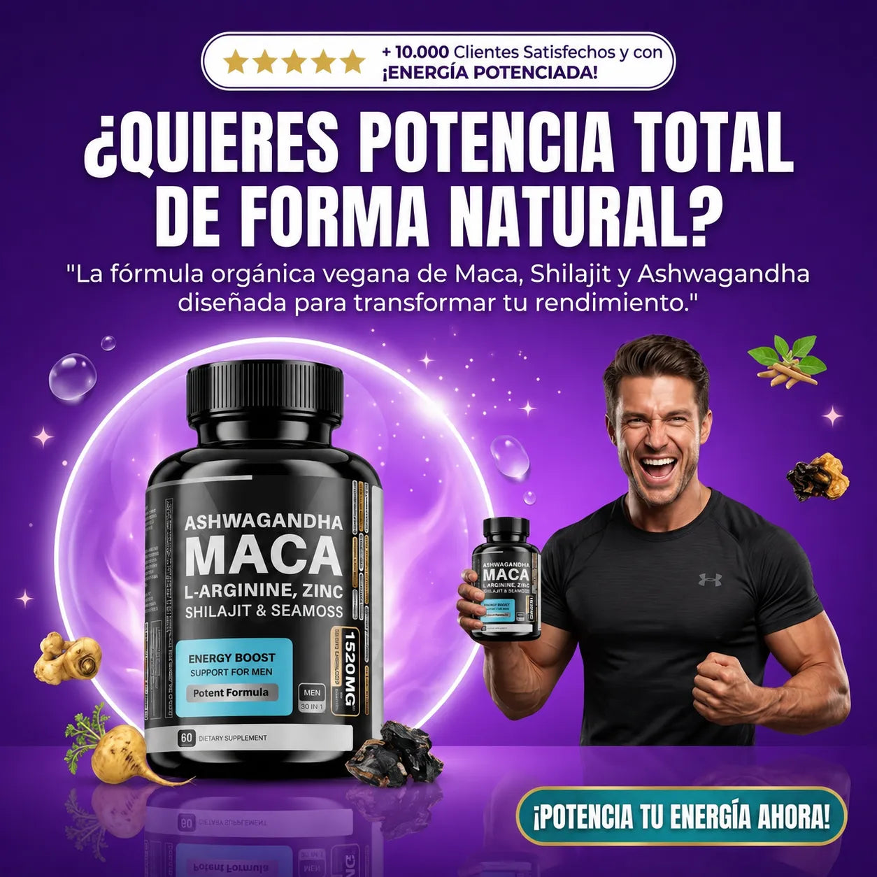 Suplemento Energético Vegano Orgánico para Hombres Adultos con Maca, Shilajit, Ashwagandha