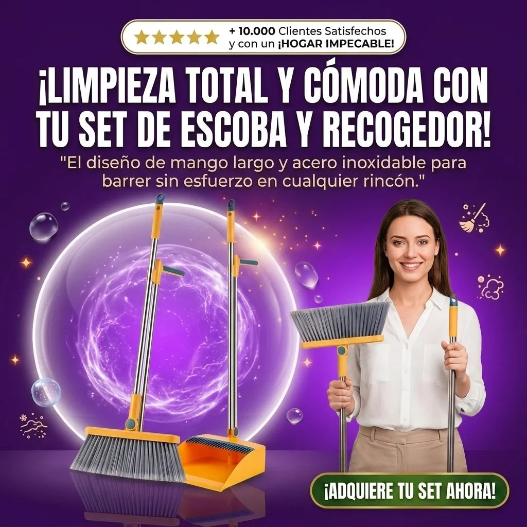 Juego de Escoba y Recogedor de Mango Largo con Escoba de Acero y Recogedor