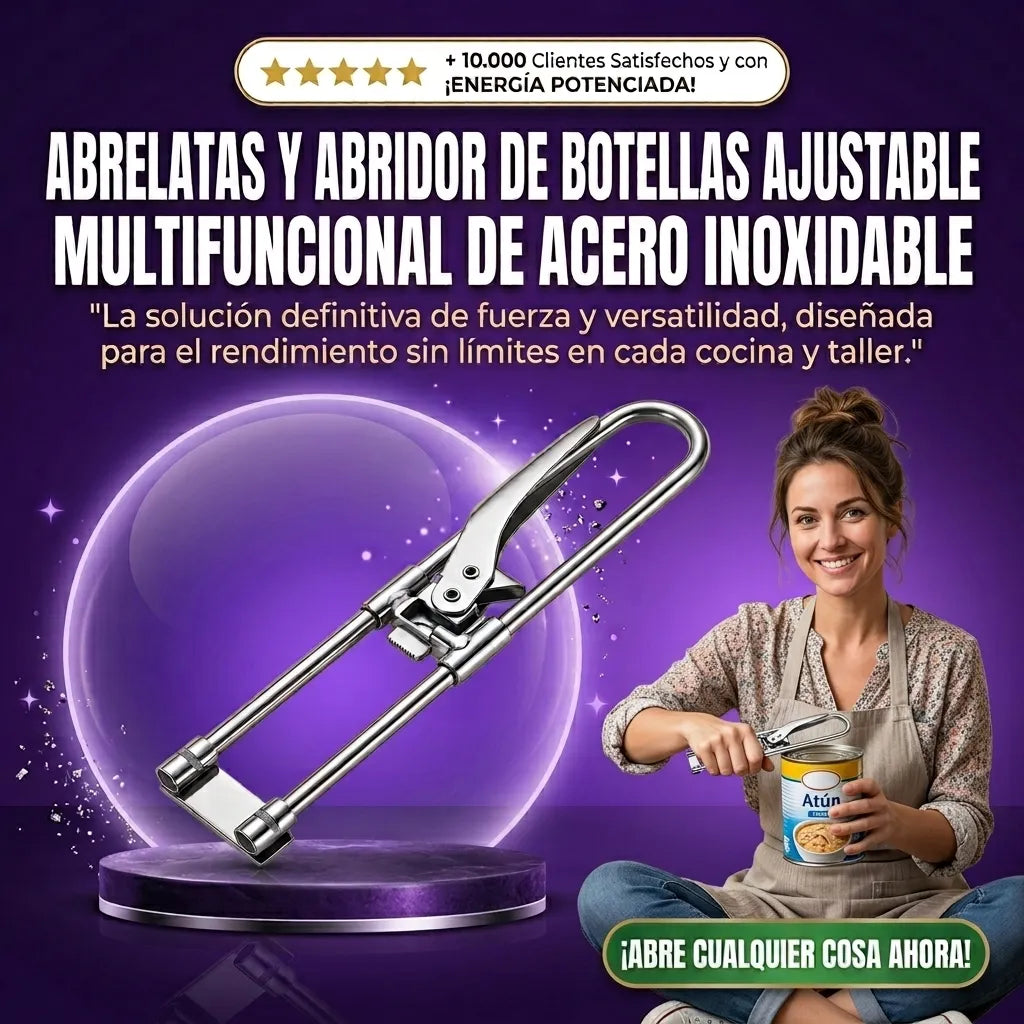 Abrelatas y Abridor de Botellas Ajustable Multifuncional de Acero Inoxidable 2x1